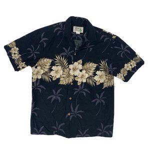 Men's KY'S Short Sleeve Button Down Hawaiian Shirt Black Floral M Made in Hawaii